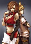  1girl bad_id bad_pixiv_id banned_artist blonde_hair breasts brown_eyes brown_hair cleavage crossed_arms elbow_gloves gloves green_eyes kagamine_len large_breasts meiko midriff nail_polish orange_nails red_nails ria short_hair smile vocaloid 