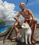  animal bird boat cigarette cloud copyright_request day dog fundoshi japanese_clothes male_focus matataku old_man outdoors polearm realistic seagull sky smoking solo spear storm water watercraft weapon 