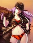  bad_deviantart_id bad_id bra breasts camouflage camouflage_hat cleavage commentary fallout fallout_3 gloves hand_on_hip hat large_breasts lone_wanderer midriff navel original panties purple_eyes purple_hair qiqo solo striped thighhighs underwear 