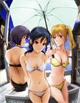  back bikini blonde_hair breasts cleavage cooler fisheye fishing_rod from_behind hosaka_misa large_breasts multiple_girls original purple_hair shiika_sadamasa short_hair sitting smile swimsuit twintails umbrella yellow_eyes 