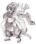  bad_id bad_pixiv_id claws extra_arms greyscale highres horns japanese_clothes kikukawa_norihiko monochrome monster_girl original sandals scales solo tail talons wings 