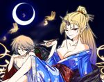  bare_shoulders blonde_hair breasts bug butterfly cleavage crescent_moon green_eyes hazuki_kasane holding holding_pipe horn hoshiguma_yuugi hoshiguma_yuugi_(promo) insect japanese_clothes kimono kiseru large_breasts long_hair medium_breasts mizuhashi_parsee moon multiple_girls off_shoulder pipe red_eyes touhou 