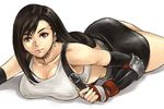  bad_id bad_pixiv_id breasts brown_eyes brown_hair cleavage collarbone earrings final_fantasy final_fantasy_vii gus_(clarkii) huge_breasts jewelry long_hair lying miniskirt pencil_skirt shirt skirt solo taut_clothes taut_shirt tifa_lockhart 