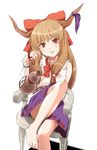  bad_id bad_pixiv_id barefoot bow brown_hair chair feet gourd hair_bow horns ibuki_suika knee_up large_bow long_hair looking_at_viewer misashi_(raichi821) orange_eyes sitting solo touhou 