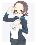  blush brown_eyes brown_hair forehead glasses gyakuten_saiban oza_watto salute short_hair solo suzuki_mako 