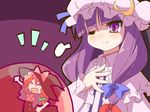  9law =_= blonde_hair bow crescent hair_bow hand_on_own_chest hand_up hat kirisame_marisa long_hair multiple_girls oekaki one_eye_closed open_mouth patchouli_knowledge purple_eyes purple_hair smile touhou witch_hat 