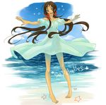  93_(artist) axis_powers_hetalia bad_id bad_pixiv_id barefoot brown_eyes brown_hair day dress hair_ribbon long_hair ocean outdoors outstretched_arms ribbon seychelles_(hetalia) sky smile solo spread_arms star_(sky) starry_sky sundress tan twintails water wet 