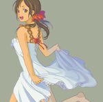  adapted_costume axis_powers_hetalia bare_shoulders barefoot bow brown_eyes brown_hair chemise dark_skin dress grey_background hair_bow hair_ornament hair_ribbon happy looking_back lowres open_mouth ribbon ro_dai running seychelles_(hetalia) short_hair short_twintails simple_background skirt skirt_lift sleeveless smile solo sundress teeth twintails 