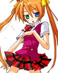  artist_request bell blue_eyes blush green_eyes heterochromia kagurazaka_asuna long_hair lowres mahou_sensei_negima! open_mouth orange_hair plaid plaid_skirt skirt solo twintails 