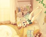  372 bad_id bad_pixiv_id barefoot bed brown_eyes brown_hair cellphone copyright_request feet frog legs midriff phone room short_hair solo stuffed_animal stuffed_toy teddy_bear upside-down 