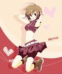  bad_id bad_pixiv_id belt boots brown_eyes brown_hair headphones heart jumping matsyumaro meiko midriff navel project_diva project_diva_(series) short_hair skirt smile solo vocaloid 