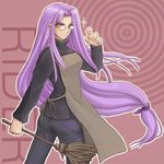  apron character_name fate/stay_night fate_(series) glasses long_hair low-tied_long_hair lowres purple_eyes purple_hair rider very_long_hair 