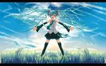  detached_sleeves eto field green_eyes green_hair hatsune_miku headset letterboxed long_hair necktie outstretched_arms skirt sky solo spread_arms thighhighs twintails very_long_hair vocaloid zettai_ryouiki 