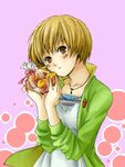  bad_id bad_pixiv_id badge blush brown_eyes brown_hair food gift holding holding_gift jewelry muffin mysk918 necklace persona persona_4 ribbon satonaka_chie short_hair solo tomboy 