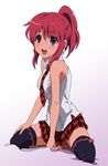  :d alternate_costume alternate_hairstyle bad_id bad_pixiv_id bare_shoulders blush kneeling kushieda_minori misashi_(raichi821) necktie official_style open_mouth plaid plaid_skirt ponytail purple_eyes red_hair shirt skirt sleeveless sleeveless_shirt smile solo thighhighs toradora! zettai_ryouiki 