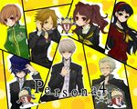  4girls amagi_yukiko androgynous bad_id bad_pixiv_id badge black_eyes black_hair blush brown_eyes brown_hair cabbie_hat earrings everyone grey_hair hairband hanamura_yousuke hat headphones jewelry kujikawa_rise kuma_(persona_4) long_hair multiple_boys multiple_girls narukami_yuu persona persona_4 reverse_trap satonaka_chie sayu030b school_uniform shirogane_naoto short_hair smile tatsumi_kanji tomboy 