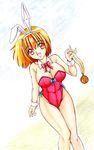  animal_ears bare_legs bent_over bunny_ears bunnysuit medal nagano_shin'ya orange_hair original red_eyes short_hair solo traditional_media 