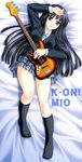  akino_shin akiyama_mio bass_guitar bed black_eyes black_hair black_legwear blazer blush hand_on_own_head highres instrument jacket k-on! kneehighs legs long_hair lying on_back panties pantyshot pantyshot_(lying) school_uniform socks solo underwear 