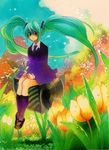  bad_id bad_pixiv_id flower formal green_hair hatsune_miku highres ka-t long_hair necktie saihate_(vocaloid) sitting skirt_suit socks solo suit twintails very_long_hair vocaloid 