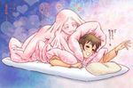  1girl blanket brown_eyes brown_hair futon girl_on_top heart hug janome_gochou monster_girl original pajamas personification pillow spoken_heart translated 