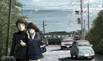  1girl artist_name black_hair blazer blush car chrysler_voyager couple digital_media_player fiat fiat_500 gakuran ground_vehicle hetero ipod jacket kamakura_(city) long_hair motor_vehicle ocean original outdoors pleated_skirt real_world_location school_uniform skirt takada_katsura train van winter 