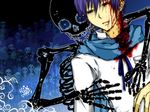  blood blue_hair blue_scarf hitobashira_alice_(vocaloid) kaito male_focus redchedar scarf skeleton solo vocaloid 
