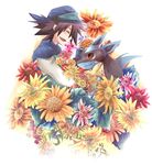  arlon_(pokemon) black_hair blush closed_eyes flower gen_4_pokemon hat inumimi-syndrome lucario male_focus pokemon pokemon_(anime) pokemon_(creature) pokemon_ag pokemon_m08 smile 