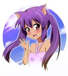  alternate_hair_color animal_ears bad_id bad_pixiv_id bare_shoulders cat_ears face flat_chest k-on! nakano_azusa pink_eyes purple_hair solo tan twintails zpolice 