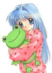  blue_eyes blue_hair doll doll_hug frog hinoue_itaru kanon minase_nayuki pajamas paw_print print_pajamas simple_background solo stuffed_animal stuffed_frog stuffed_toy white_background 