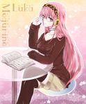 adjusting_eyewear bad_id bad_pixiv_id bespectacled blue_eyes book casual crossed_legs glasses headphones long_hair megurine_luka pink_hair shorts sitting smile solo sweater thighhighs unabara_misumi vocaloid 