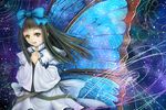  black_hair blue_wings bow butterfly_wings dress fairy hair_bow sai-go sky solo star_(sky) star_sapphire starry_sky touhou wings yellow_eyes 
