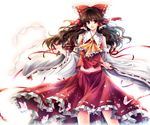  bare_shoulders bow brown_eyes brown_hair bug butterfly detached_sleeves gohei hagiwara_rin hair_bow hakurei_reimu insect long_hair midriff navel open_mouth ribbon smile solo standing touhou wide_sleeves 