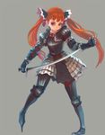  armor blush long_hair orange_hair original simple_background solo sword twintails weapon weno 