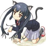  all_fours animal_ears black_hair blush brown_eyes buntan cat_ears embarrassed k-on! long_hair nakano_azusa paw_pose school_uniform shoes shy skirt socks solo tail twintails uwabaki wavy_mouth 