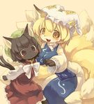  :&lt; animal_ears black_hair blonde_hair blush bow breasts cat_ears cat_tail chen child dress fox_ears fox_tail furrification furry hat jpeg_artifacts kishibe large_breasts long_sleeves multiple_girls multiple_tails nekomata paws pillow_hat pink_eyes short_hair smile tail tassel touhou wide_sleeves yakumo_ran yellow_background yellow_eyes 