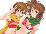  alternate_hairstyle amami_haruka bad_id bad_pixiv_id bikini brown_eyes brown_hair face floral_print futami_mami green_eyes hair_bobbles hair_ornament idolmaster idolmaster_(classic) miomio multiple_girls red_bikini scarf side_ponytail swimsuit v 