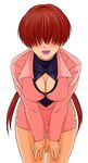  bent_over breasts cleavage earrings hair_over_eyes jewelry large_breasts lipstick makeup red_hair shermie solo the_king_of_fighters 