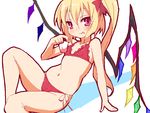  9law :p arm_support bikini blush flandre_scarlet flat_chest navel one_side_up red_bikini side-tie_bikini sitting solo swimsuit tongue tongue_out touhou wet wings 