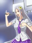  bracelet flower ga-rei ga-rei_zero hair_flower hair_ornament isayama_mei jewelry karaoke long_hair microphone music necktie open_clothes open_mouth open_shirt pinky_out purple_hair red_eyes ring shirt singing skirt solo stage_lights wakoudo 