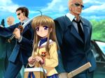  blue_eyes brown_hair business_suit clannad formal gun highres hikarizaka_private_high_school_uniform katana long_hair miyazawa_yukine mutsuki_(moonknives) picnic_basket school_uniform solo_focus suit sunglasses sword weapon yakuza 