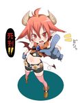  ahoge bad_id bad_pixiv_id belt chonbo_(artist) demon_girl demon_tail full_body gloves horns midriff navel original pointing pointing_at_viewer pointy_ears red_eyes red_hair short_hair shorts solo standing tail thighhighs wings 