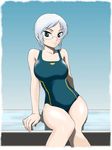  bare_shoulders breasts character_request competition_swimsuit ga-rei glasses green_eyes large_breasts one-piece_swimsuit sabachiyo_land short_hair silver_hair solo swimsuit 