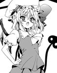  blush fang flandre_scarlet greyscale hama_chon hand_on_hip hat laevatein monochrome open_mouth solo touhou 
