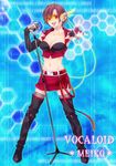  aki_(bokunosora) bad_id bad_pixiv_id breasts brown_hair cleavage elbow_gloves fingerless_gloves glasses gloves large_breasts meiko microphone microphone_stand midriff nail_polish navel pink_nails red_eyes short_hair smile solo thighhighs twintails vocaloid zettai_ryouiki 