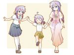  age_comparison blue_eyes child hiiragi_miki holding_hands lucky_star multiple_girls multiple_persona purple_hair school_uniform serafuku shing_(sorairo_factory) simple_background skirt smile time_paradox younger 