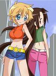  back-to-back bad_id bad_pixiv_id bare_legs bare_shoulders belt blonde_hair blue_eyes blush brown_hair casual day denim denim_shorts glasses long_hair looking_back looking_to_the_side lucky_star midriff multiple_girls navel pantylines patricia_martin red_eyes reverie_(artist) short_hair shorts sky smile tamura_hiyori very_long_hair 