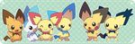  :o :t alternate_color arms_up brown_eyes closed_mouth full_body gen_2_pokemon gen_3_pokemon gen_4_pokemon green_eyes looking_at_viewer minun no_humans open_mouth outstretched_arms pachirisu pichu plusle pokemon pokemon_(creature) polka_dot polka_dot_background pout purple_eyes raichu ri-su shiny_pokemon sitting smile smug 