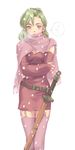  artist_request crossed_arms final_fantasy final_fantasy_vi green_eyes green_hair lowres scarf sheath sheathed snow solo sword thighhighs tina_branford weapon 