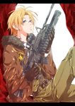  america_(hetalia) assault_rifle axis_powers_hetalia bad_id bad_pixiv_id belt blonde_hair blue_eyes bomber_jacket fujiwara_rika glasses gloves grenade_launcher gun jacket m203 m4_carbine male_focus military military_uniform necktie rifle solo star underbarrel_grenade_launcher uniform weapon 