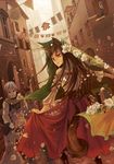  1girl animal_ears black_eyes brown_hair child craft_lawrence dress flower holo long_hair looking_back petals red_eyes shi_chi_mi short_hair silver_hair skirt spice_and_wolf tail window wolf_ears 